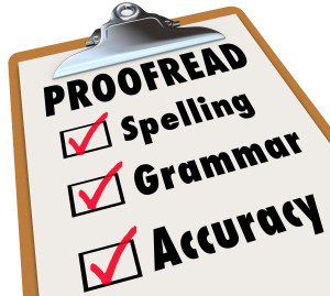 Proofread checklist and checked boxes next to the words spelling, grammar and accuracy as the things an editor reviews in an essay, article or report
